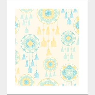 Yellow and teal dreamcatcher on cream Posters and Art